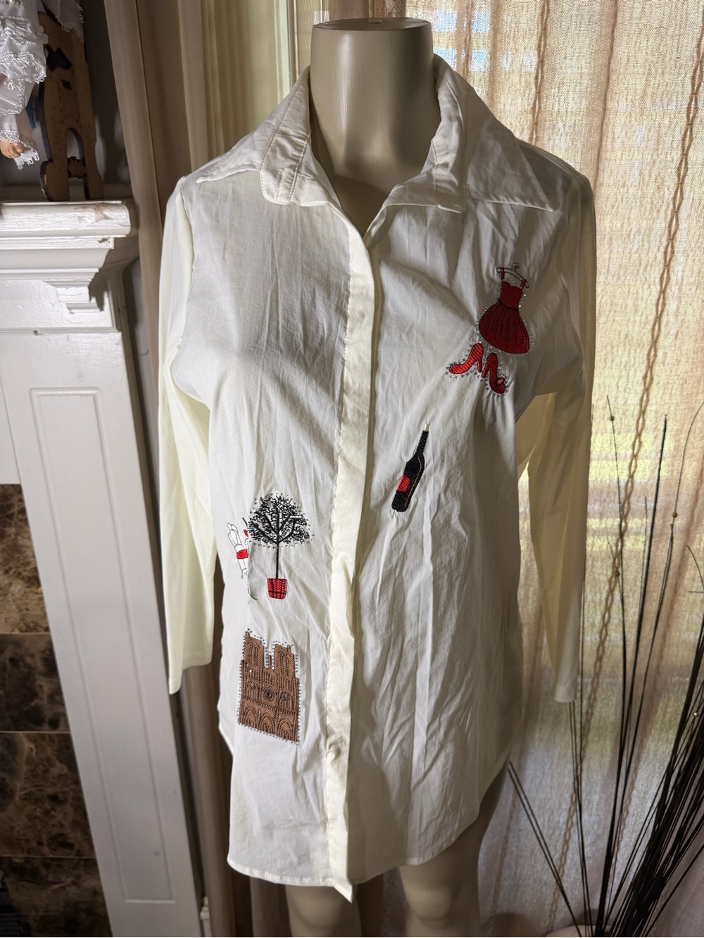 SHEIN White Embroidered Button-Up Shirt with Red Accents